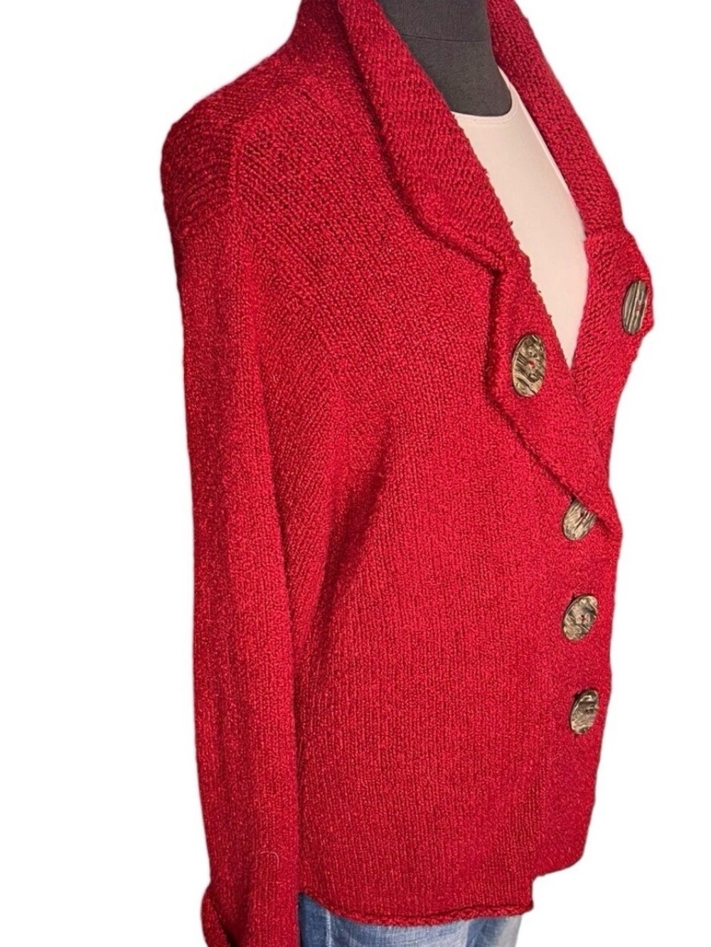 Willow Red Cotton Knit Cardigan Sweater Wood Buttons Cottagecore L Made USA E-4 - Picture 2 of 8